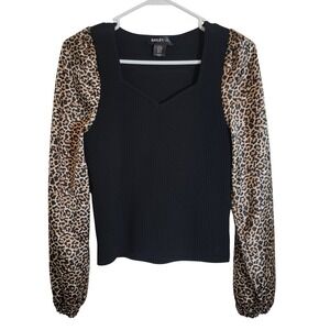 Bailey/44 Womens Medium Black Ribbed Leopard Print Puff Sleeve Mixed Media Top